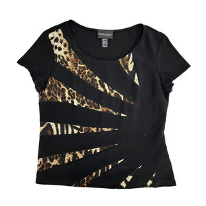 Frank Lyman Design Black Top with Leopard Print, Flattering, Curvy, NWT
